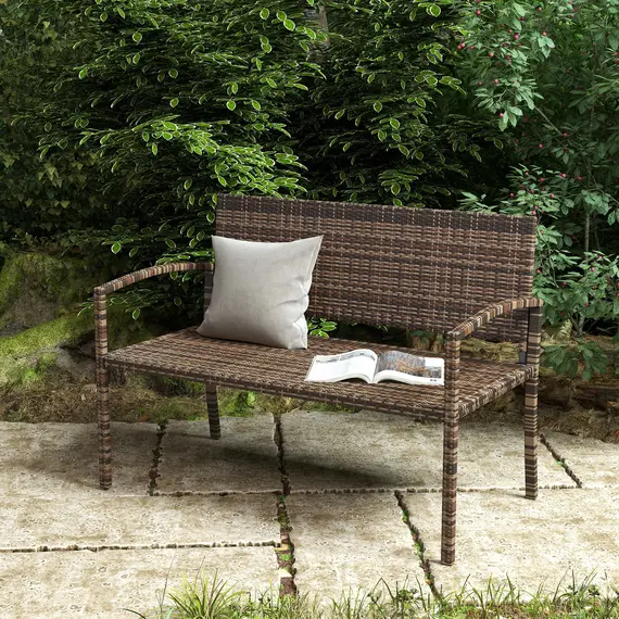 Buy All Weather Wicker Garden Loveseat, 2 Seater Poly Rattan Garden Bench, Outdoor Seating Bench Brown, 2 image