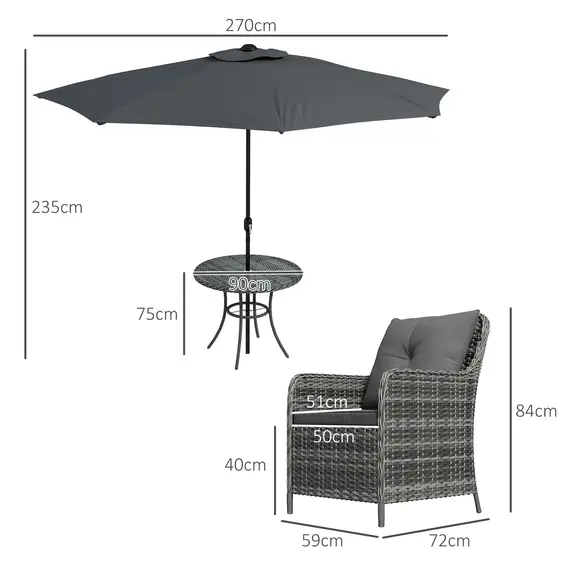 Buy Outsunny 4 Seater Rattan Dining Set with Parasol & Cushions - Mixed Grey, 3 image