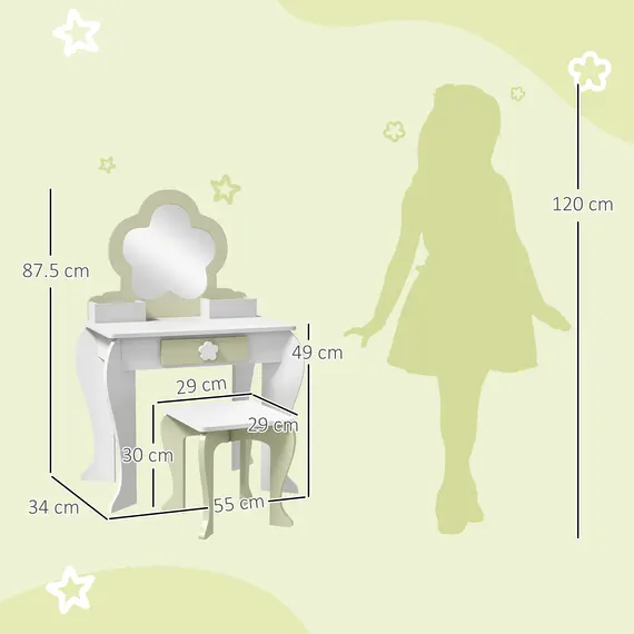 Buy ZONEKIZ Kids Vanity Table with Mirror and Stool, Drawer, Storage Boxes, Flower Design, for Ages 3-6 Years - White, 3 image