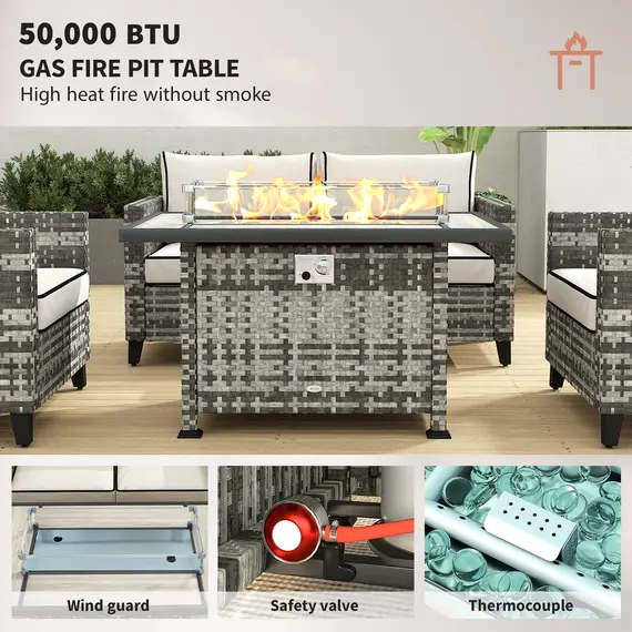 Buy 5-Piece Rattan Patio Furniture Set with Gas Fire Pit Table, Loveseat Sofa, Armchairs, Cushions, Pillows, Grey, 4 image