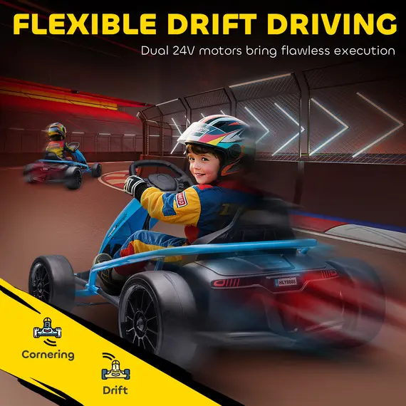 Buy 24V Drift Kart, Electric Ride-On Racing Go Kart w/ 2 Speeds, Steering Wheel, Pedals for Kids Aged 8-12, Blue, 6 image