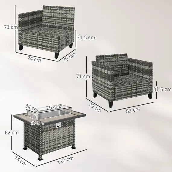 Buy 5-Piece Rattan Patio Furniture Set with Gas Fire Pit Table, Loveseat Sofa, Armchairs, Cushions, Pillows, Grey, 3 image