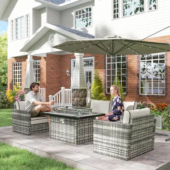 Buy 5-Piece Rattan Patio Furniture Set with Gas Fire Pit Table, Loveseat Sofa, Armchairs, Cushions, Pillows, Grey, 9 image