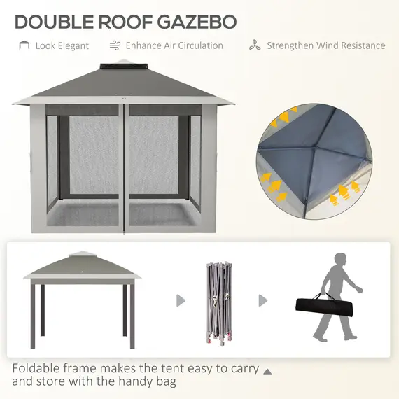 Buy Pop Up Canopy Tent with Double Roof, Zipped Mesh Sidewalls, Carrying Bag, Height Adjustable for Patio Garden, Dark Grey, 4 image