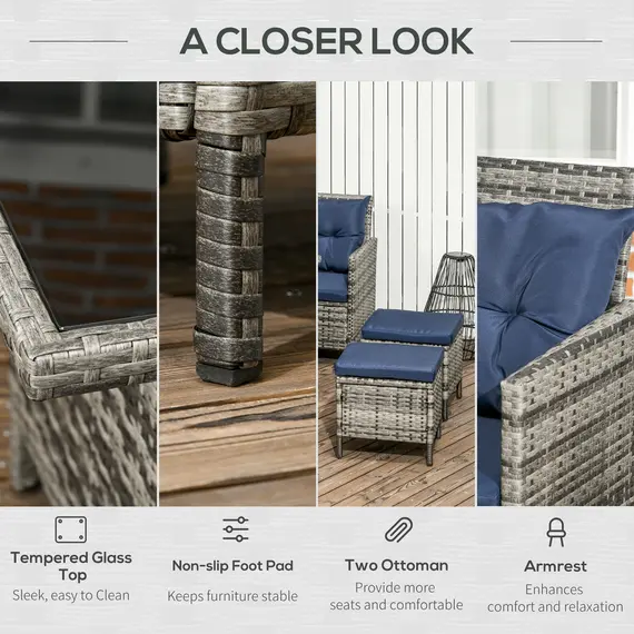 Buy 7-Seater Patio wicker Sofa Set Rattan Chair Furniture w/ Glass & Cushioned, Dark Blue, 5 image