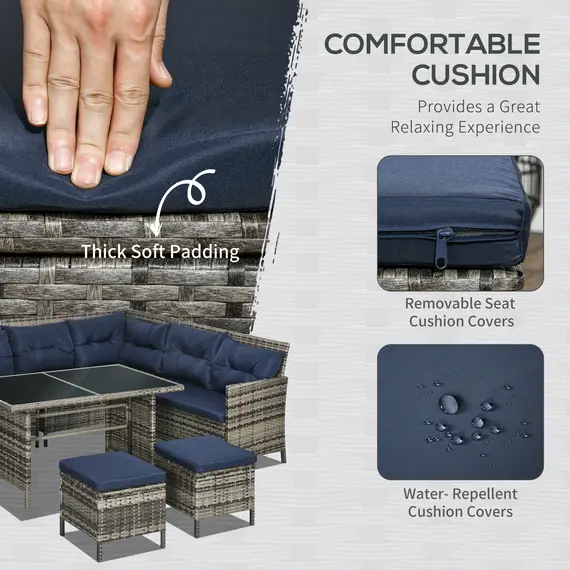 Buy 7-Seater Patio wicker Sofa Set Rattan Chair Furniture w/ Glass & Cushioned, Dark Blue, 4 image