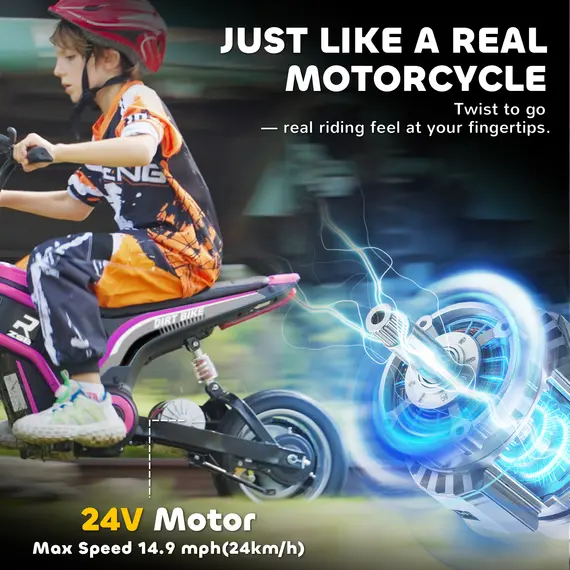 Buy 24V Electric Motorbike with Twist Grip Throttle, Music, Horn, 12" Pneumatic Tyres, 16km/h Max Speed - Pink, 5 image
