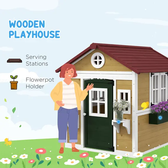 Buy Wooden Playhouse with Doors, Windows, Plant Pots, Boxes, for 3-8 Years - Beige, 4 image