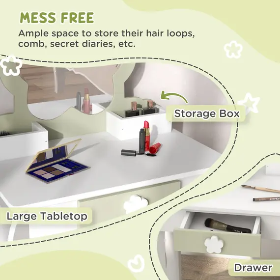 Buy ZONEKIZ Kids Vanity Table with Mirror and Stool, Drawer, Storage Boxes, Flower Design, for Ages 3-6 Years - White, 5 image