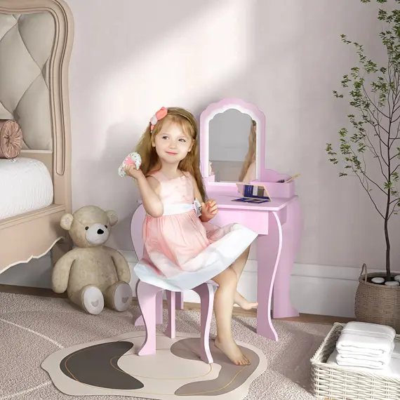 Buy ZONEKIZ Kids Vanity Table with Mirror, Stool, Drawer, Storage Boxes, Cloud Design, for Ages 3-6 Years - Pink, 2 image