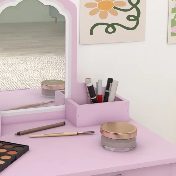 Buy ZONEKIZ Kids Vanity Table with Mirror, Stool, Drawer, Storage Boxes, Cloud Design, for Ages 3-6 Years - Pink, 9 image