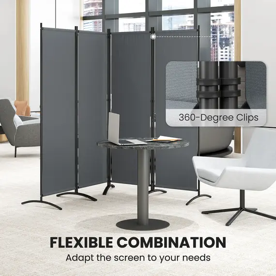 Buy 4 Panel Folding Room Divider, 1.7m Privacy Screen with Wide Feet, Portable Freestanding Metal Partition Separator for Office, Living Room, Bedroom, Dining Room, Dark Grey, 5 image