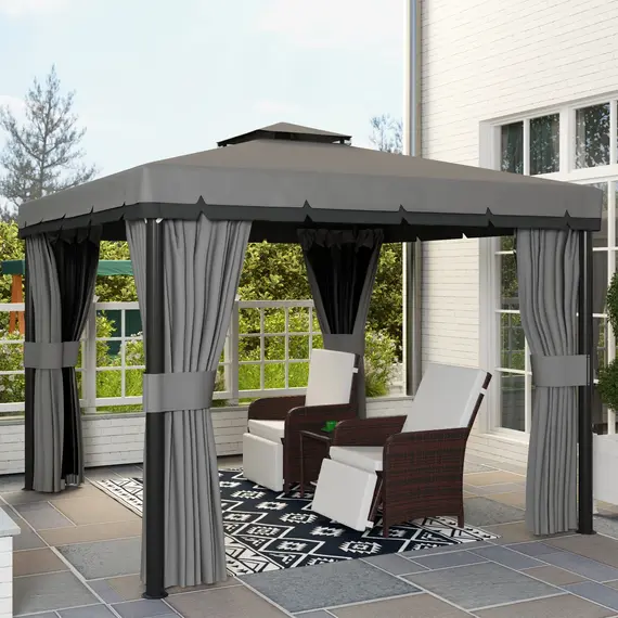 Buy Outsunny 3 x 3(m) Patio Gazebo Canopy Garden Pavilion Tent Shelter Marquee with 2 Tier Roof, Netting and Curtains, Light Grey, 9 image