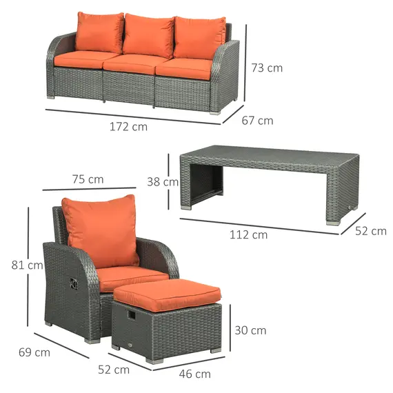 Buy Outsunny Six-piece Outdoor Rattan Dining Set, Outdoor Sofa Set with Reclining Armchairs and Mental Frame, Orange, 3 image
