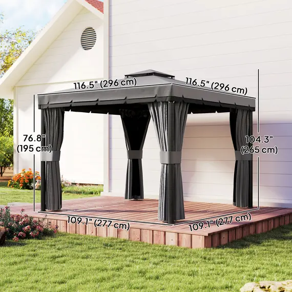 Buy Outsunny 3 x 3(m) Patio Gazebo Canopy Garden Pavilion Tent Shelter Marquee with 2 Tier Roof, Netting and Curtains, Light Grey, 3 image