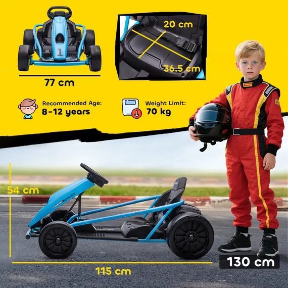 Buy 24V Drift Kart, Electric Ride-On Racing Go Kart w/ 2 Speeds, Steering Wheel, Pedals for Kids Aged 8-12, Blue, 4 image