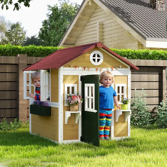 Buy Wooden Playhouse with Doors, Windows, Plant Pots, Boxes, for 3-8 Years - Beige, 2 image