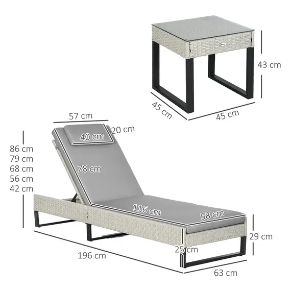 Buy Outsunny 3-piece PE Rattan Sun Lounger Set with Adjustable 5-Position Recliner, Patio Chaise Lounge Chair Set with Cushions, Headrests, Glass Top Square Coffee Table, Light Grey, 3 image