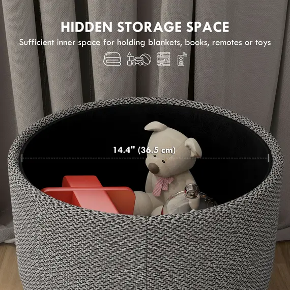Buy HOMCOM Round Linen-Look Storage Ottoman - Light Grey, 4 image
