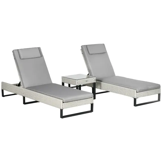 Buy Outsunny 3-piece PE Rattan Sun Lounger Set with Adjustable 5-Position Recliner, Patio Chaise Lounge Chair Set with Cushions, Headrests, Glass Top Square Coffee Table, Light Grey