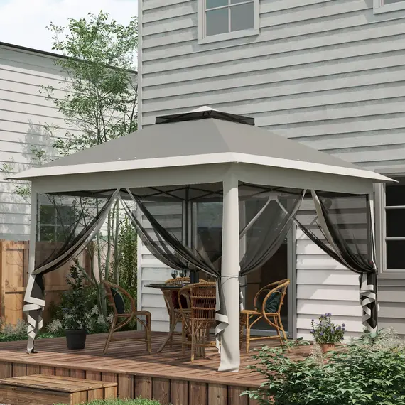 Buy Pop Up Canopy Tent with Double Roof, Zipped Mesh Sidewalls, Carrying Bag, Height Adjustable for Patio Garden, Dark Grey, 2 image