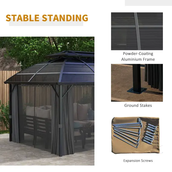 Buy Outsunny 4 x 3m Aluminium Frame Hard Gazebo, with Accessories - Black, 8 image
