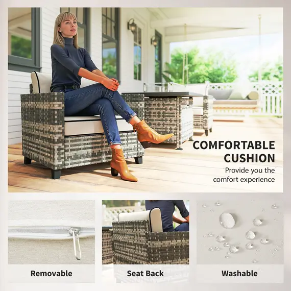 Buy 5-Piece Rattan Patio Furniture Set with Gas Fire Pit Table, Loveseat Sofa, Armchairs, Cushions, Pillows, Grey, 7 image