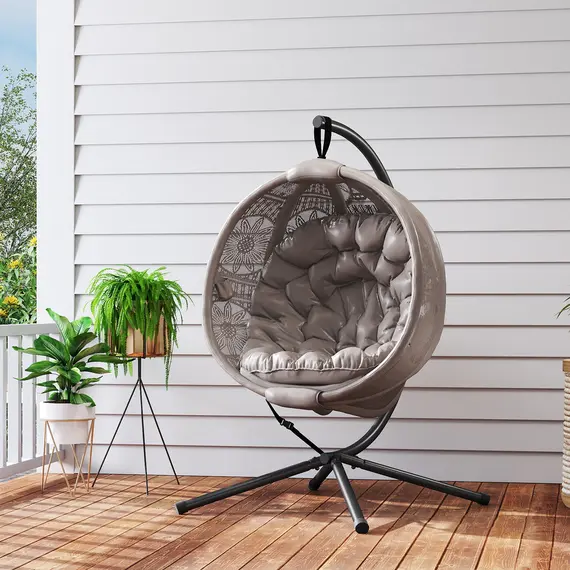 Buy Round Egg Basket Chair, with Steel Stand, Sand, 8 image