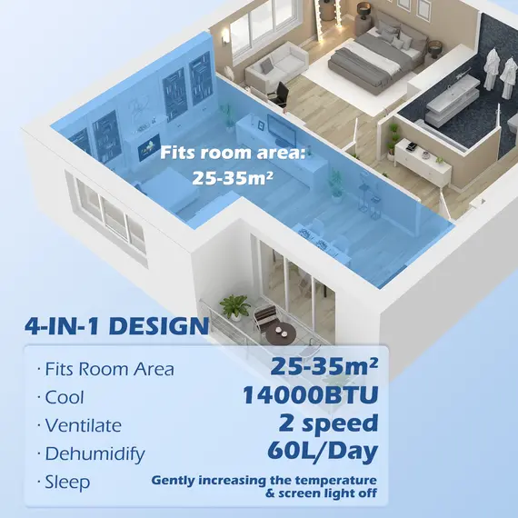 Buy HOMCOM 14000 BTU Mobile Air Conditioner, 35m², Smart Home WiFi, with Dehumidifier, Fan, 24H Timer, Window Kit, Black, 4 image
