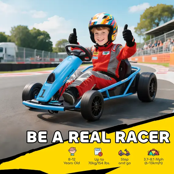 Buy 24V Drift Kart, Electric Ride-On Racing Go Kart w/ 2 Speeds, Steering Wheel, Pedals for Kids Aged 8-12, Blue, 5 image