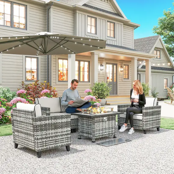 Buy 5-Piece Rattan Patio Furniture Set with Gas Fire Pit Table, Loveseat Sofa, Armchairs, Cushions, Pillows, Grey, 2 image