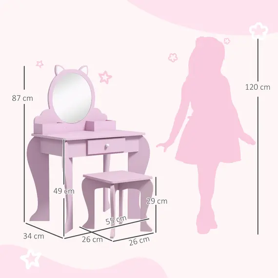 Buy ZONEKIZ Kids Vanity Table with Mirror, Stool, Drawer, Storage Boxes, Cat Design, for Ages 3-6 Years - Pink, 3 image