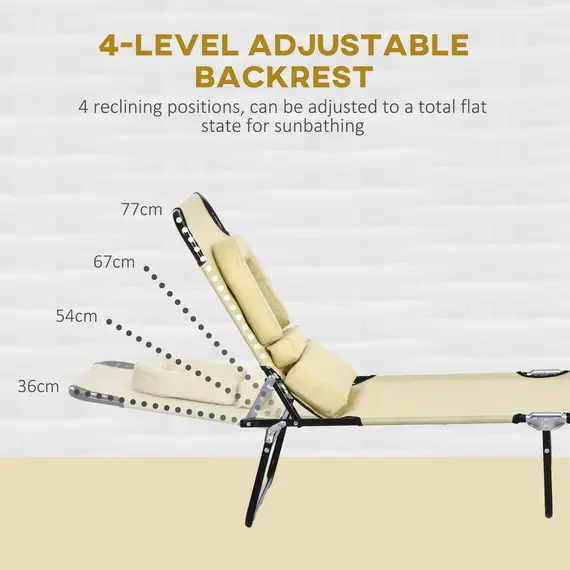 Buy Outsunny Folding Sun Loungers Set of 2 with Face Hole, 4-Position Adjustable Backrest Garden Recliner Chairs Sunbeds, Outdoor Lounge Chairs with 600 D Oxford Cloth Seat, Pillow for Beach, Beige, 4 image