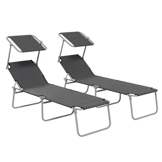 Buy Outsunny Folding Sun Lounger Set of 2 with Canopy, Reclining Sunbed with 4-Position Adjustable Backrest, 600D Oxford Cloth, Portable Garden Lounger Recliner Chair for Beach, Camping, Patio, Grey