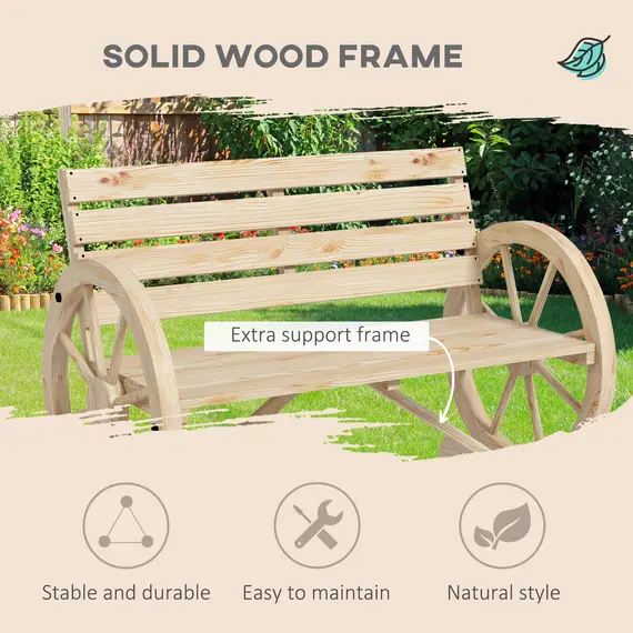 Buy Wagon Wheel Chair Bench Armrest Rustic Loveseat Wood Outdoor Garden, Natural, 4 image