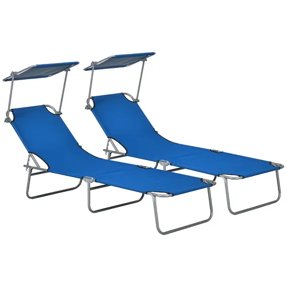 Buy Outsunny Folding Sun Lounger Set of 2 with Canopy, Reclining Sunbed with 4-Position Adjustable Backrest, 600D Oxford Cloth, Portable Garden Lounger Recliner Chair for Beach, Camping, Patio, Blue