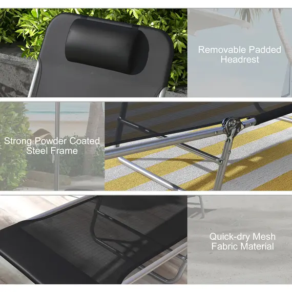 Buy Outsunny Set of Two Steel Frame Sun Loungers, with Reclining Backs - Black, 5 image