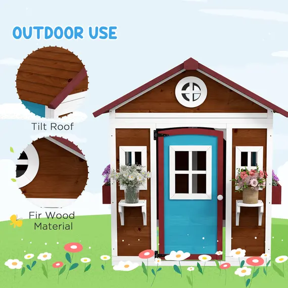 Buy Wooden Playhouse with Doors, Windows, Plant Pots, Boxes, for 3-8 Years - Dark Brown, 5 image