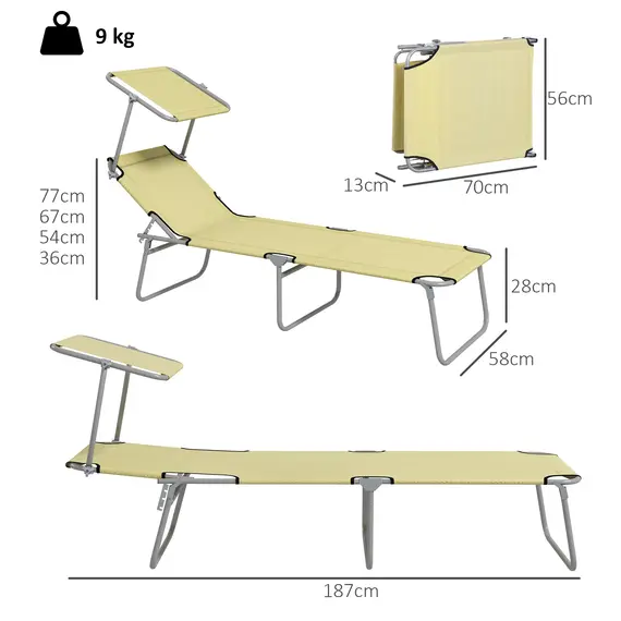 Buy Outsunny Folding Sun Lounger Set of 2 with Canopy, Reclining Sunbed with 4-Position Adjustable Backrest, 600D Oxford Cloth, Portable Garden Lounger Recliner Chair for Beach, Camping, Patio, Beige, 3 image
