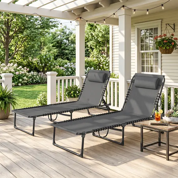 Buy Outsunny Set of Two Folding Sun Loungers, with Four-Position Backs - Grey, 2 image