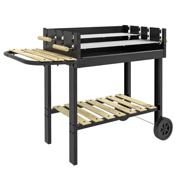 Buy Outsunny Charcoal BBQ Grill, Barbecue Trolley with Double Adjustable Grill, Side Table, Storage Shelf and Wheels for Outdoor Garden Party Cooking, Black