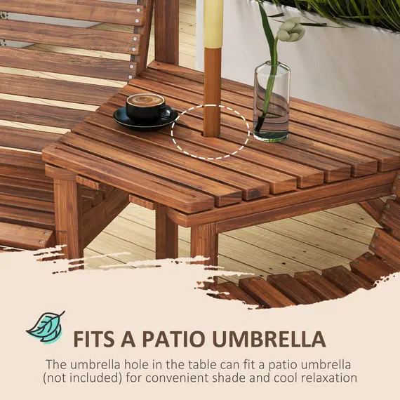 Buy Wooden Garden Love Seat w/ Coffee Table Umbrella Hole, Tan Brown, 5 image