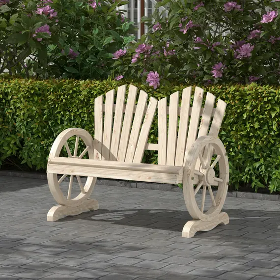 Buy Fir Wood Love Seats with Wheel-Shaped Armrests, Large Load-Bearing Chair, Natural Wood Finish, 2 image