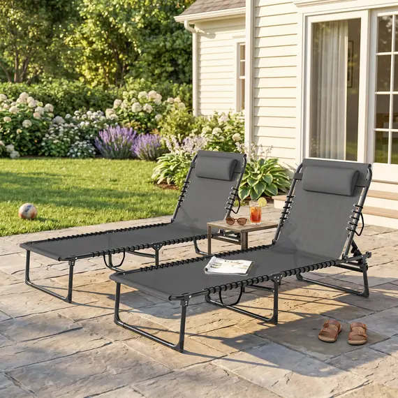 Buy Outsunny Set of Two Folding Sun Loungers, with Four-Position Backs - Grey, 9 image