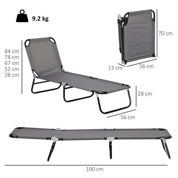 Buy Outsunny Garden Sun Lounger, with Five-Position Back - Grey, 3 image
