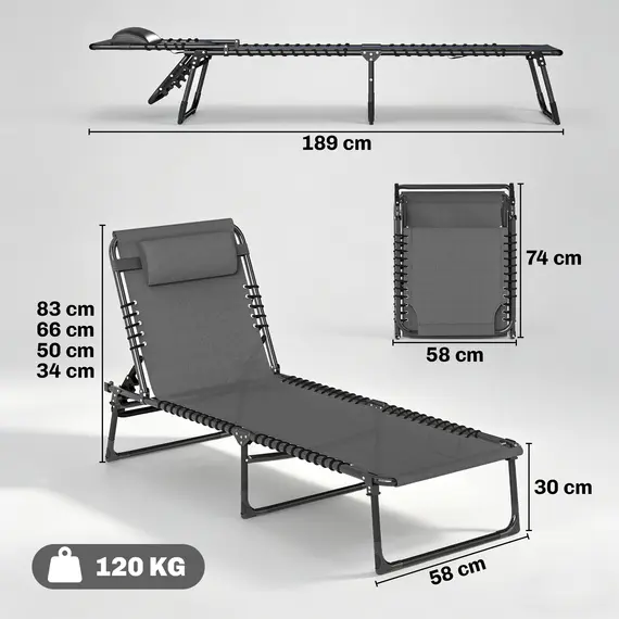 Buy Outsunny Set of Two Folding Sun Loungers, with Four-Position Backs - Grey, 3 image