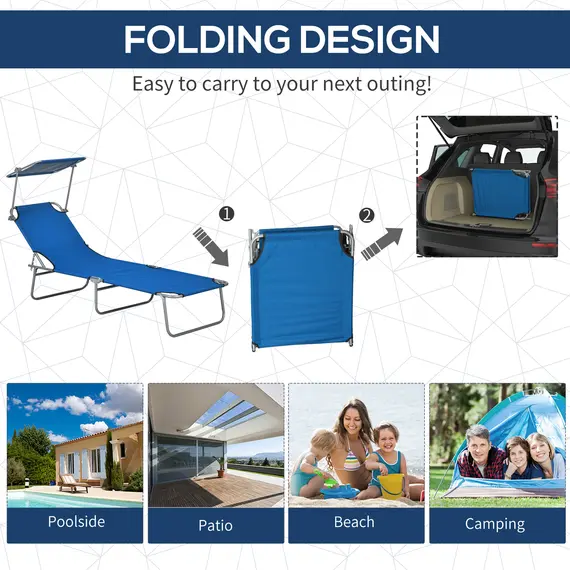 Buy Outsunny Folding Sun Lounger Set of 2 with Canopy, Reclining Sunbed with 4-Position Adjustable Backrest, 600D Oxford Cloth, Portable Garden Lounger Recliner Chair for Beach, Camping, Patio, Blue, 4 image