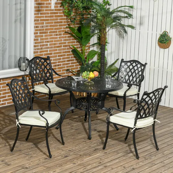 Buy Outsunny Cast Aluminium 4 Seater Outdoor Dining Set with Cushions Parasol Hole Black, 2 image