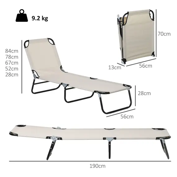 Buy Outsunny Garden Sun Lounger, with Five-Position Back - Cream White, 3 image