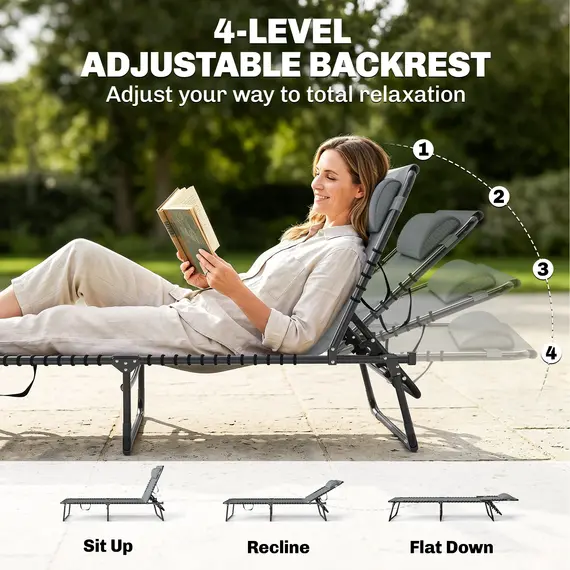 Buy Outsunny Folding Sun Lounger, with Four-Position Back - Light Grey, 4 image